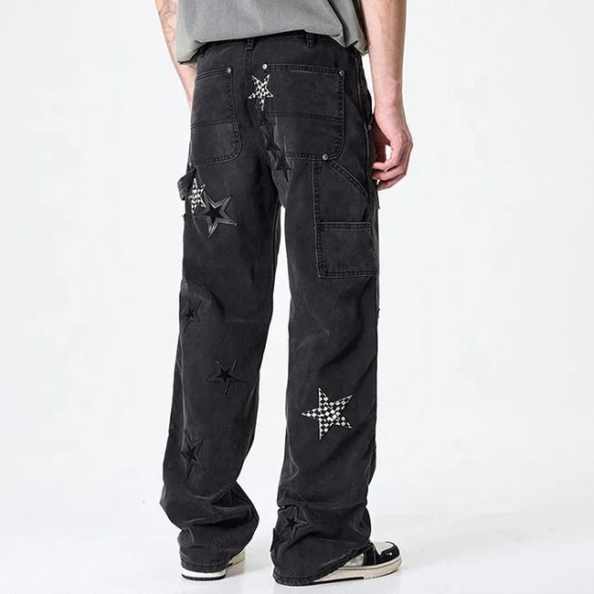 Black Star Patch Wide-Leg Cargo Jeans