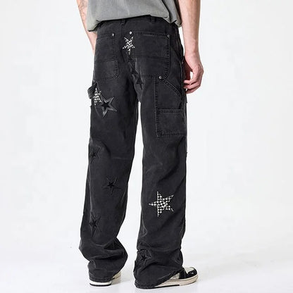 Black Star Patch Wide-Leg Cargo Jeans
