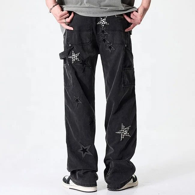 Black Star Patch Wide-Leg Cargo Jeans