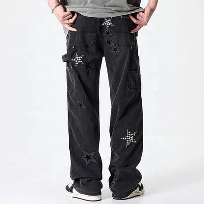 Black Star Patch Wide-Leg Cargo Jeans